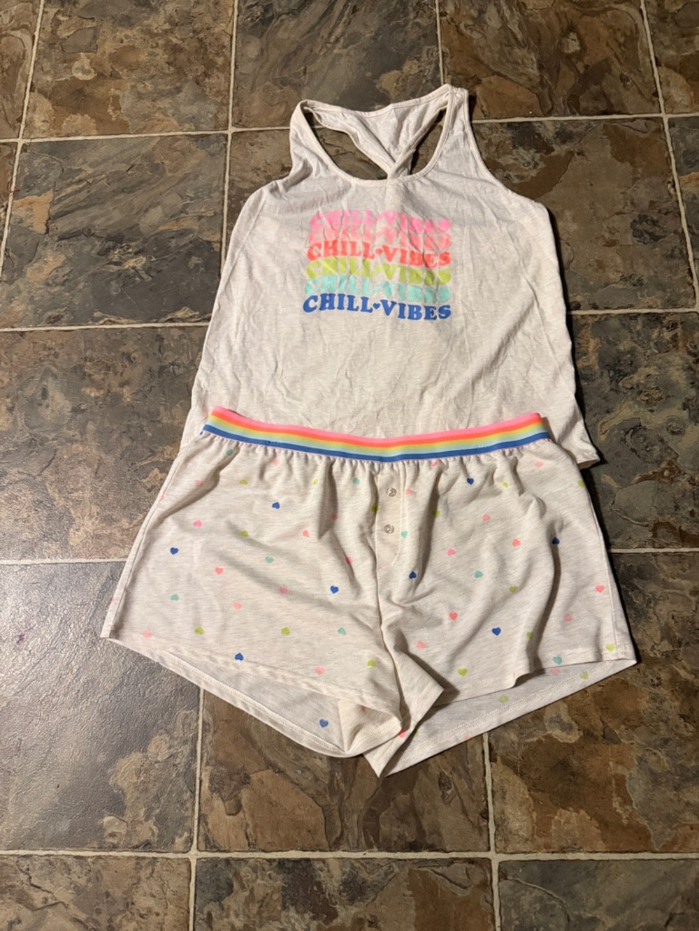 Chill-Vibes Cream Racerback Pajama Set with Rainbow Trim
